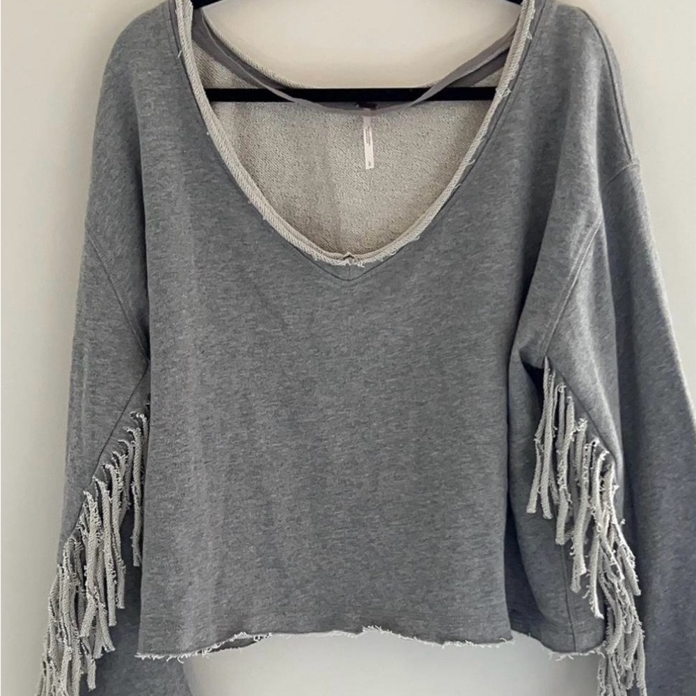 Free People Gray Fringe Sleeve Sweatshirt